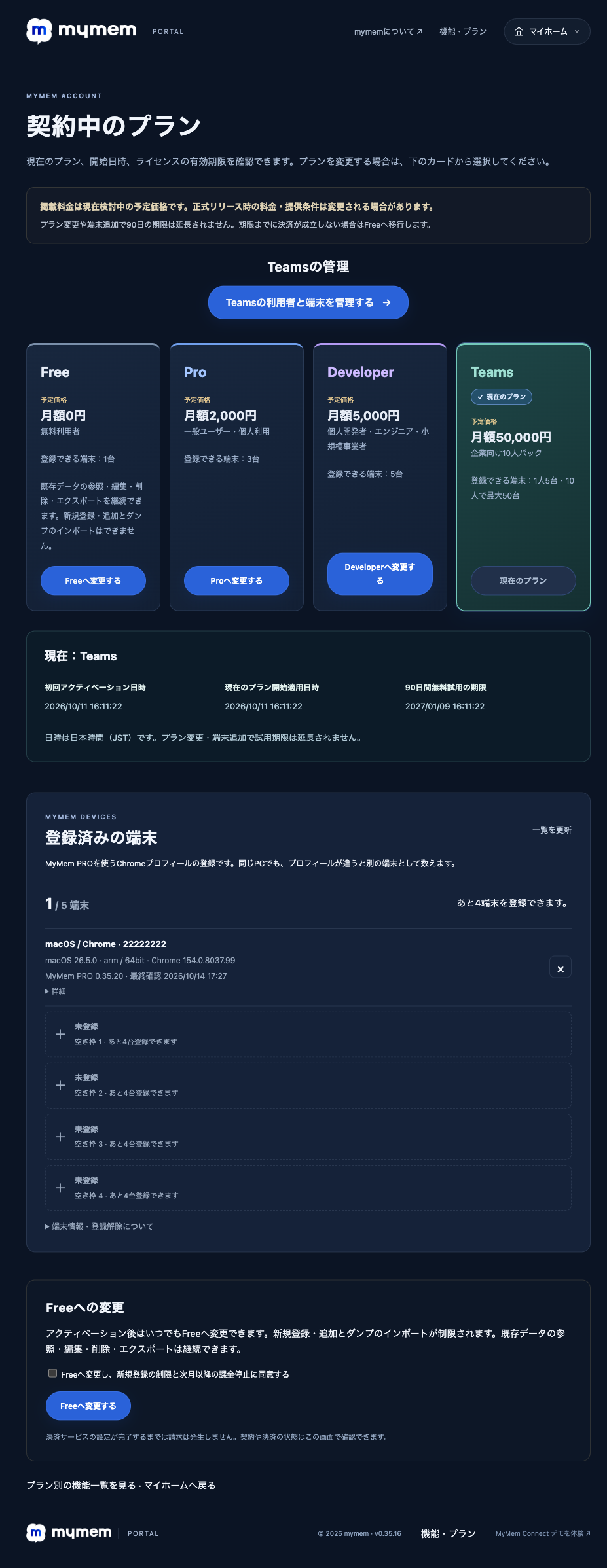 Teams管理とプランカードを先に表示した契約画面。架空の契約・端末で撮影